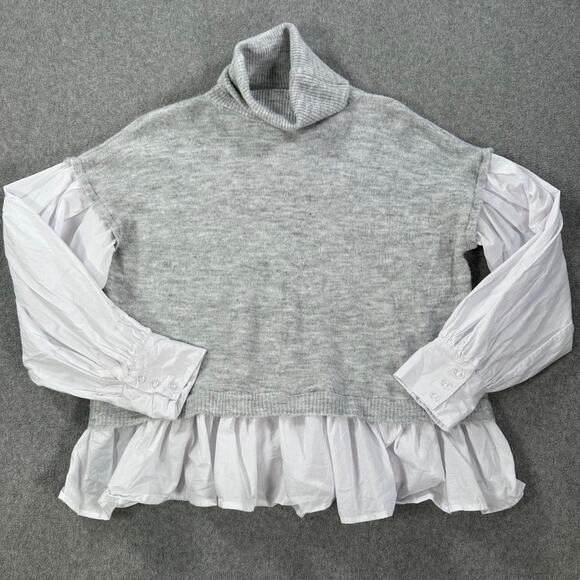 LaBiz Turtleneck Layered Sweater Women's Medium Gray Wool Blend Ruffle Top - Picture 1 of 9